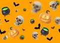 Seamless Halloween pattern. Halloween decoration on orange background. Pumpkin, bat, skull, deaths-head. Scary and