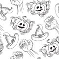 Seamless Halloween pattern, hand drawn seamless background with pumpkin, wizard hat, zombie hands, black and white vector illustra