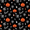 Seamless Halloween pattern with jack lantern pumpkins, candles, spiders and cobwebs. Vector illustration. Royalty Free Stock Photo