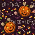 Seamless halloween pattern with pumpkin, candy, text, bones, silhouette of bat.