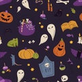 Seamless Halloween pattern. Repeating holiday print with cute spooky pumpkins, hat, bat, skull. Endless Helloween Royalty Free Stock Photo