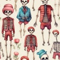 Seamless Halloween pattern with set of funny skeletons