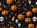 Seamless  halloween pattern with skulls, bats, bones and ghosts. Royalty Free Stock Photo