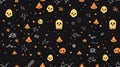 seamless halloween pattern with skulls bats and spiders on a black background Royalty Free Stock Photo