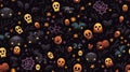 seamless halloween pattern with skulls bats and spiders on a black background Royalty Free Stock Photo
