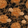 Seamless halloween pattern in steampunk style with copper pumpkin, gears, chains Royalty Free Stock Photo