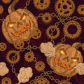 Seamless halloween pattern in steampunk style with copper halloween pumpkin, rusty gears, rough chains.