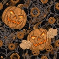 halloween pattern in steampunk style with pumpkin, rusty gears, steel chains Royalty Free Stock Photo