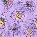 Seamless Halloween pattern of watercolor spooky pumpkins and cobwebs Royalty Free Stock Photo