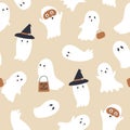 Seamless halloween texture with cute ghosts. Ghost vector pattern