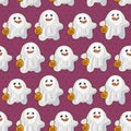 Seamless halloween vector pattern with cute ghosts with pumpkins Royalty Free Stock Photo