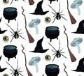 Seamless Halloween witch pattern with spiders