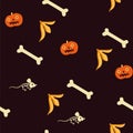 Seamless Halloweens pattern with banana skin, bones, pumpkin and mouse skeleton.