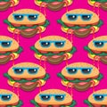 Seamless hamburger pattern in cartoon glasses on pink background. Vector image