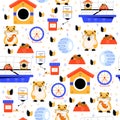 Seamless hamster pattern. Little animals. Pets cage with feeder and drinker. Running wheel. Domestic rodents eat seeds