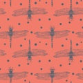Seamless hand dawn pattern with dragonfly