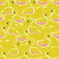 Seamless hand drawing swans pattern. trandy yellow background wi