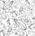 Seamless hand drawn background. Sketch style set of vegetables. Vintage eco food. Vector illustration.