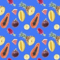 Seamless hand drawn beautiful watercolor tropical pattern with juicy fruits