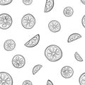 Seamless hand drawn black and white fruit pattern. Citrus food concept. Orange, lime and lemon slices vector texture. Royalty Free Stock Photo