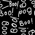 Seamless hand drawn black and white Halloween pattern with boo words cartoon ghost skull bones. Cute minimalist