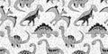 Seamless hand drawn black and white high contrast dinosaur pattern with polka dot leopard spots background Royalty Free Stock Photo