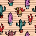 Seamless hand drawn cactus pattern cute drawing style colorful background. Royalty Free Stock Photo