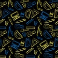 Seamless hand drawn doodle back to school theme pattern. Colorful line art on dark background. Royalty Free Stock Photo