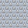 Seamless hand drawn doodle pattern with wigwam silhouettes. Little white teepees on soft blue background Royalty Free Stock Photo