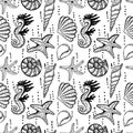 A seamless, hand-drawn drawing of sea creatures in sketch style. Seashells, seahorse and starfish. Bubbles. White Royalty Free Stock Photo