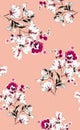 Seamless Hand Drawn Flowers with Leaves On Peach Color, Designed for Fabric Textile.