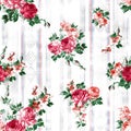 Seamless Hand Drawn Flowers with Leaves, Pretty Pattern on Striped Background. Royalty Free Stock Photo