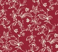 Seamless Hand Drawn Flowers with Leaves. Repeating Pattern on Dark Red Background.