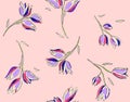 Seamless Hand Drawn Flowers Sketched Outline Style Pattern on Lightpink Background.