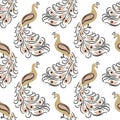 Seamless hand drawn golden peacock bird pattern