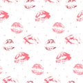 Seamless hand drawn hearts and lipstick kisses wallpaper pattern