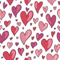 Seamless hand drawn hearts pattern in shades of red and pink.