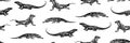 Seamless hand drawn komodo outline sketch pattern. Endless vector black ink wild varanus drawing isolated on white background.