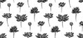 Seamless hand drawn lotus flowers pattern, endless outline stem wildflower sketch. Vector black ink drawing isolated on white Royalty Free Stock Photo