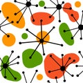 Seamless hand drawn mid century modern pattern in red green orange colors. Retro vintage 50s 60 diamond atomic age mcm