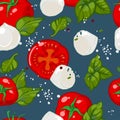 Seamless hand drawn pattern of caprese salad. Vector illustration of ripe red tomatoes, Royalty Free Stock Photo