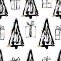 Seamless hand drawn Pattern with Christmas tree and gift boxes. Vector illustration for your design. Perfect for wallpapers,