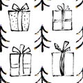 Seamless hand drawn Pattern with Christmas tree and gift boxes. Vector illustration for your design. Perfect for wallpapers,