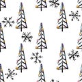 Seamless hand drawn Pattern with Christmas tree and snowflakes. Vector illustration for your design. Perfect for wallpapers,