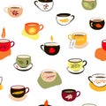 Seamless hand drawn pattern with cups and leaves