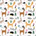 Seamless hand drawn pattern with cute Scandinavian style woodland animals, plants, flowers, mushrooms and trees Royalty Free Stock Photo