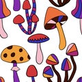 Seamless hand drawn pattern with hippie groovy mushrooms in orange purple blue red colors. Retro vintage 1960s 1970s