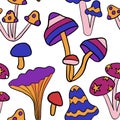 Seamless hand drawn pattern with hippie groovy mushrooms in orange purple blue red colors. Retro vintage 1960s 1970s