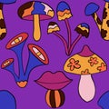 Seamless hand drawn pattern with hippie groovy mushrooms in orange purple blue red colors. Retro vintage 1960s 1970s