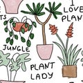 Seamless hand drawn pattern with houseplants, indoor plants flowers in pots, green leaves potted herbs. Urban jungle Royalty Free Stock Photo